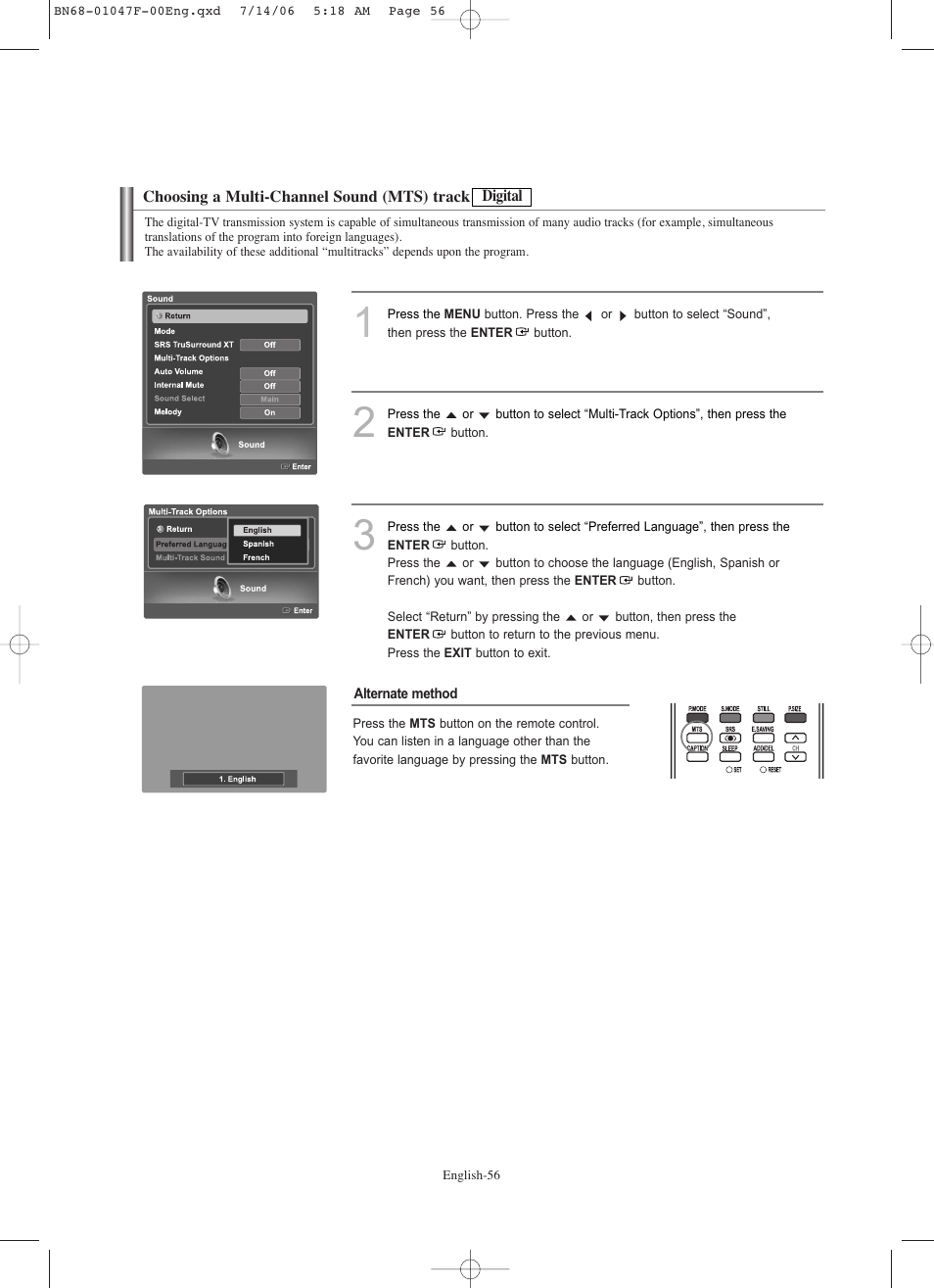 Choosing a multi-channel sound (mts) track-digital | Samsung LNS4696DX-XAA User Manual | Page 58 / 380