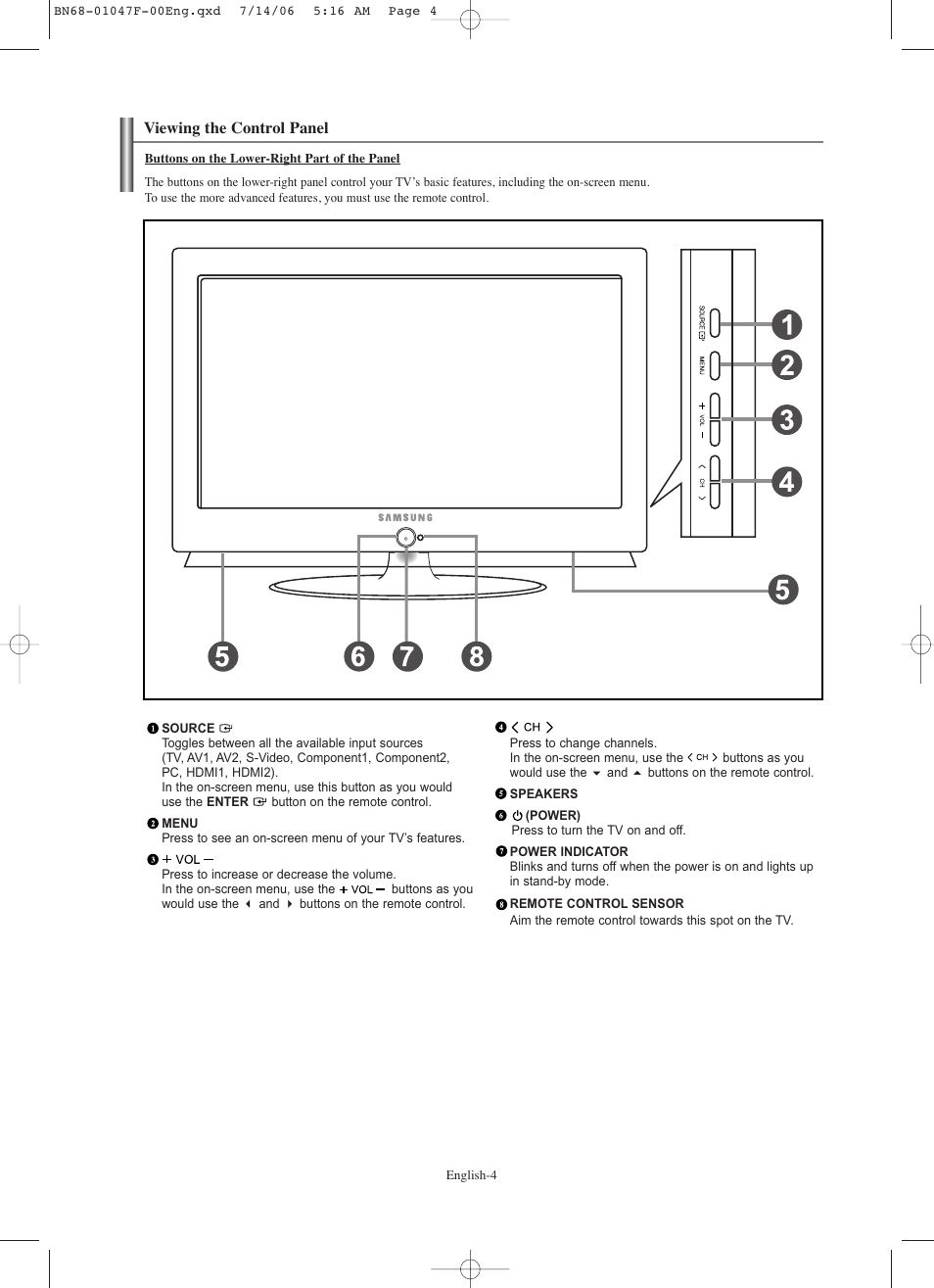 Viewing the control panel | Samsung LNS4696DX-XAA User Manual | Page 6 / 380