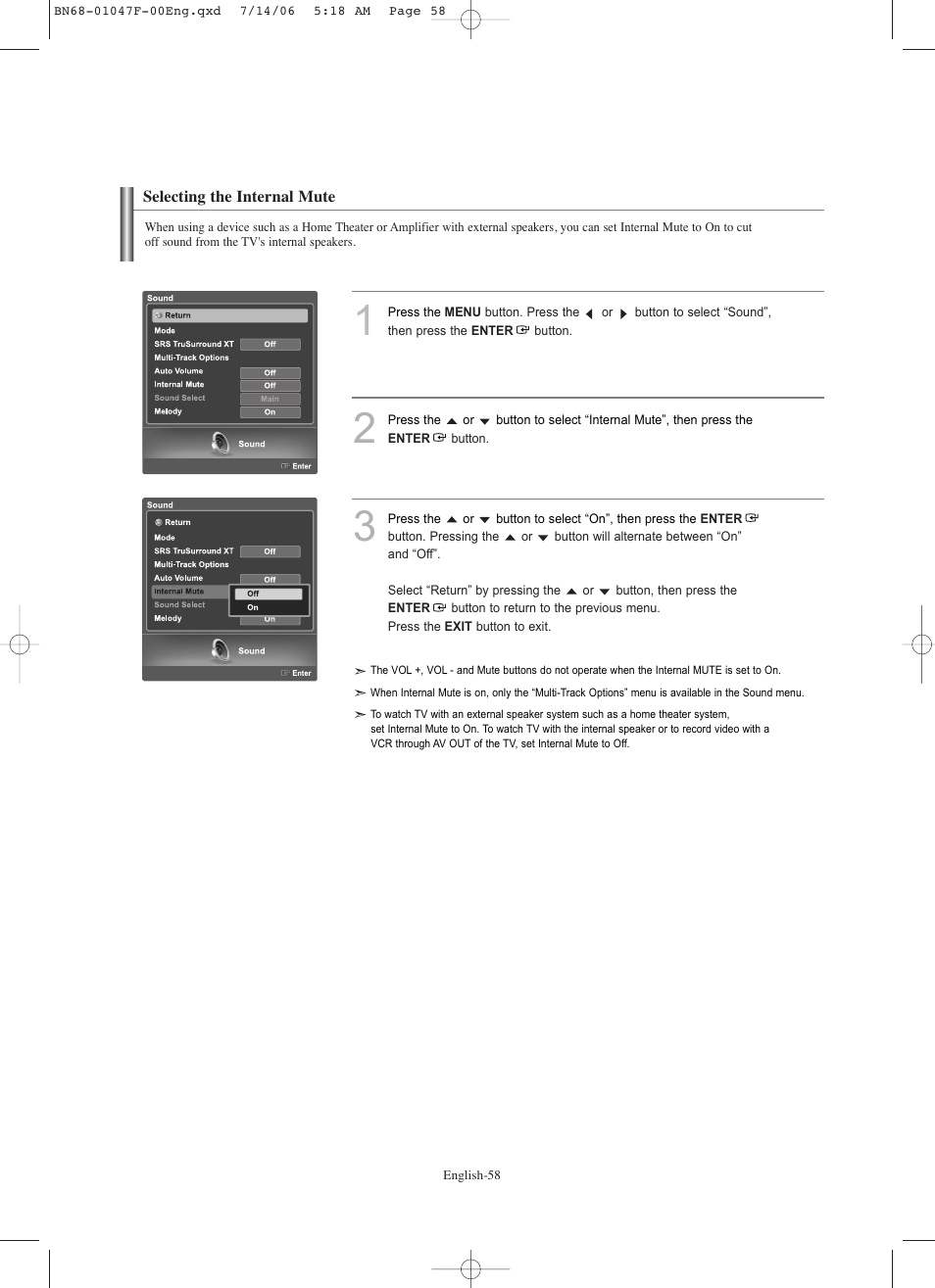 Selecting the internal mute | Samsung LNS4696DX-XAA User Manual | Page 60 / 380