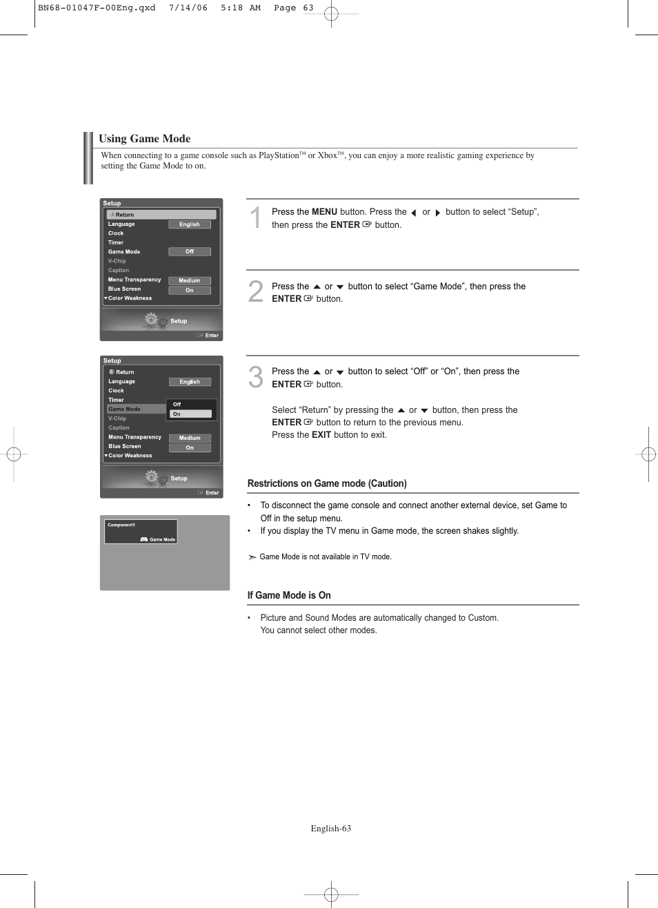 Using game mode | Samsung LNS4696DX-XAA User Manual | Page 65 / 380