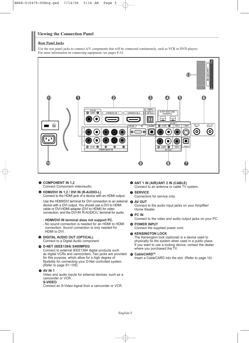 Viewing the connection panel | Samsung LNS4696DX-XAA User Manual | Page 7 / 380