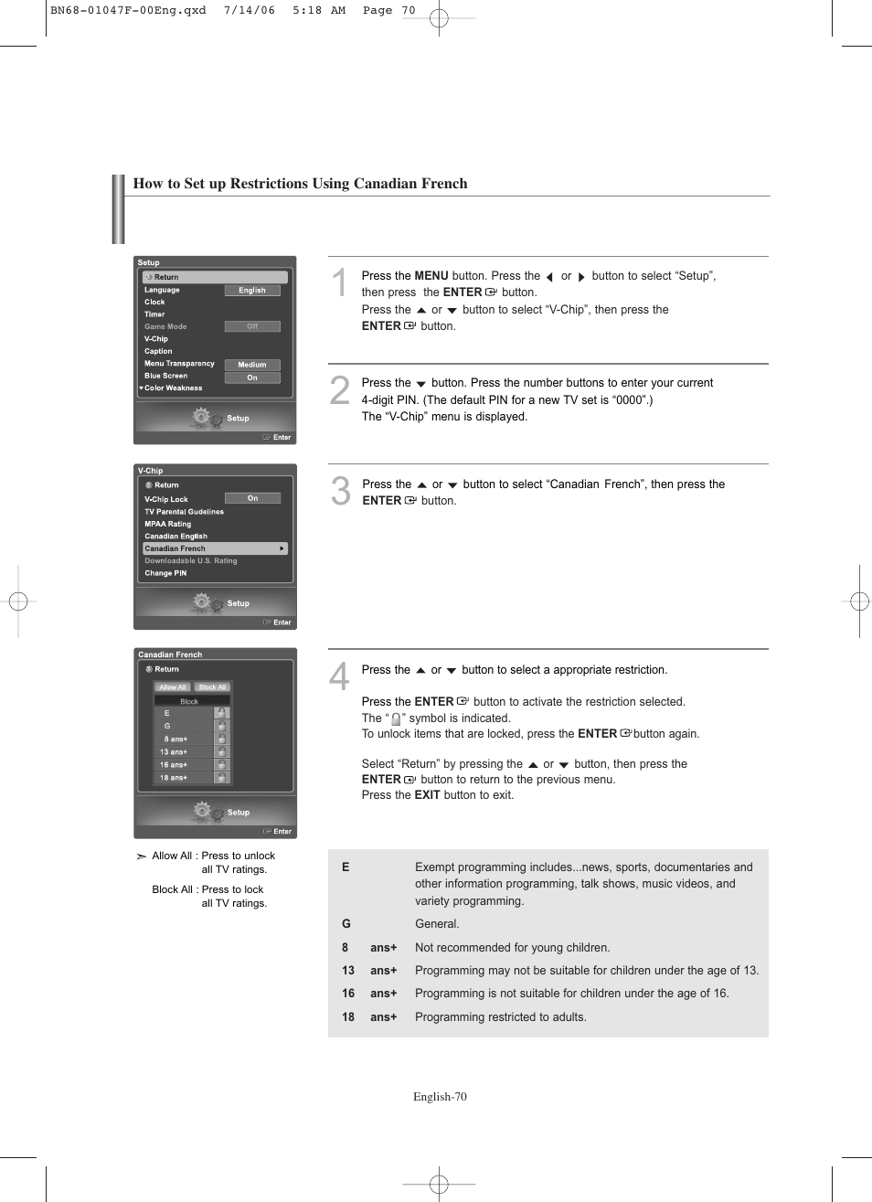 How to set up restrictions using canadian french | Samsung LNS4696DX-XAA User Manual | Page 72 / 380