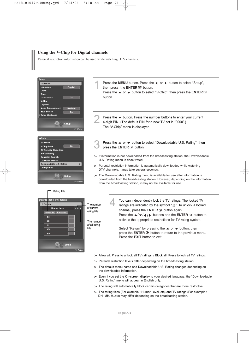 Using the v-chip for digital channels | Samsung LNS4696DX-XAA User Manual | Page 73 / 380