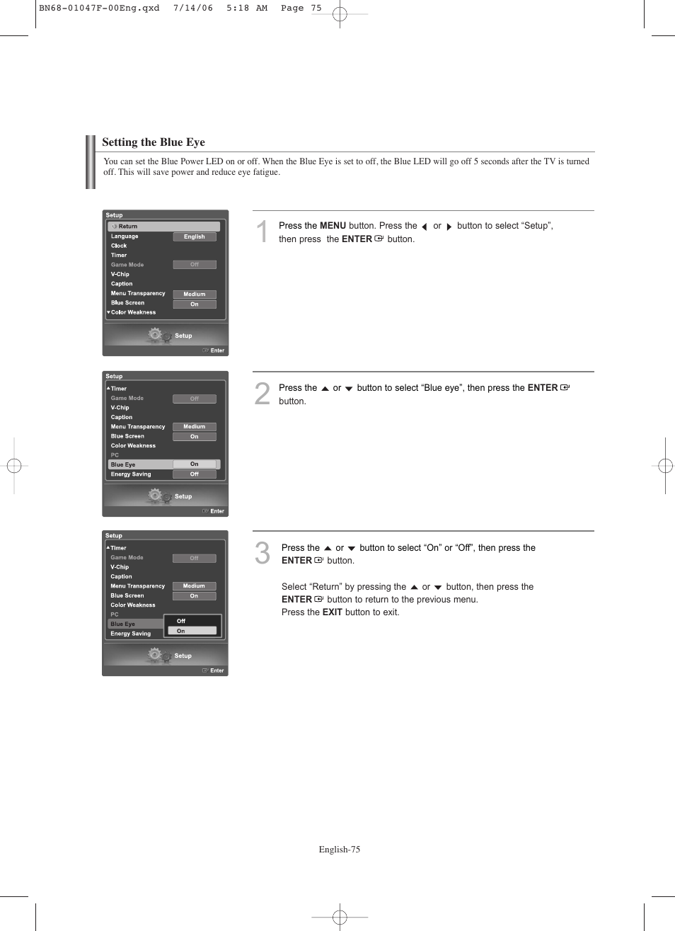 Setting the blue eye | Samsung LNS4696DX-XAA User Manual | Page 77 / 380