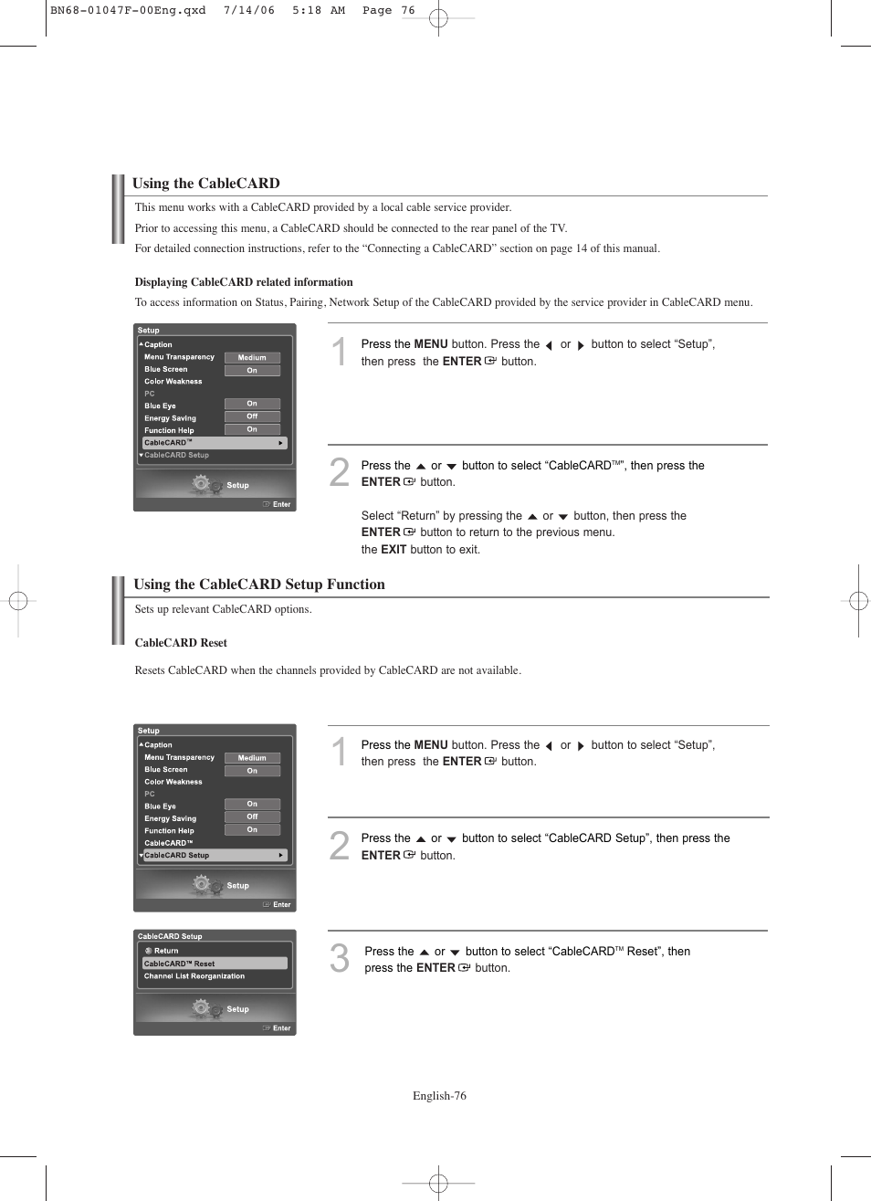 Using the cablecard, Using the cablecard setup function | Samsung LNS4696DX-XAA User Manual | Page 78 / 380