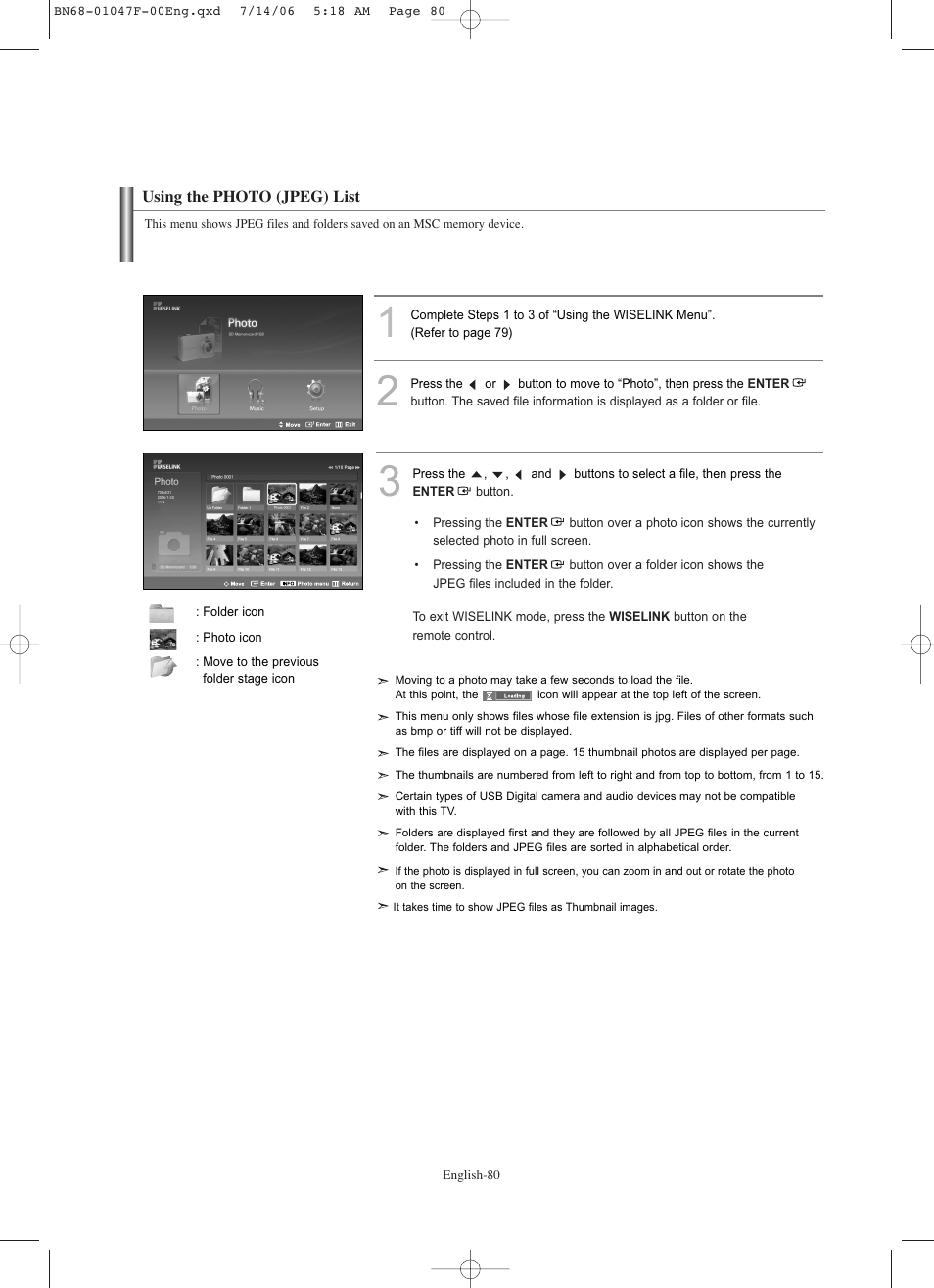 Using the photo (jpeg) list | Samsung LNS4696DX-XAA User Manual | Page 82 / 380