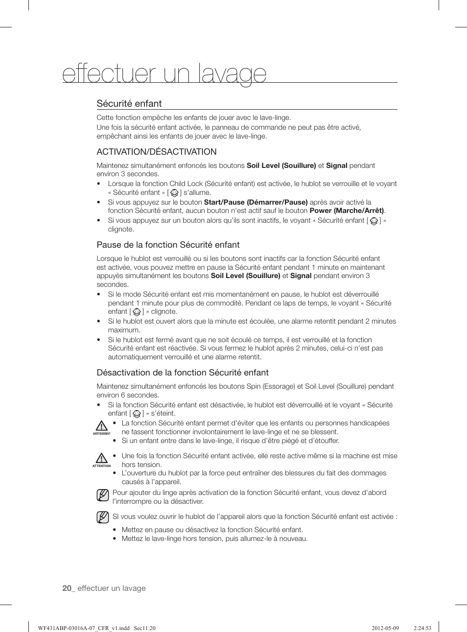 Effectuer un lavage, Sécurité enfant | Samsung WF431ABW-XAA User Manual | Page 100 / 120