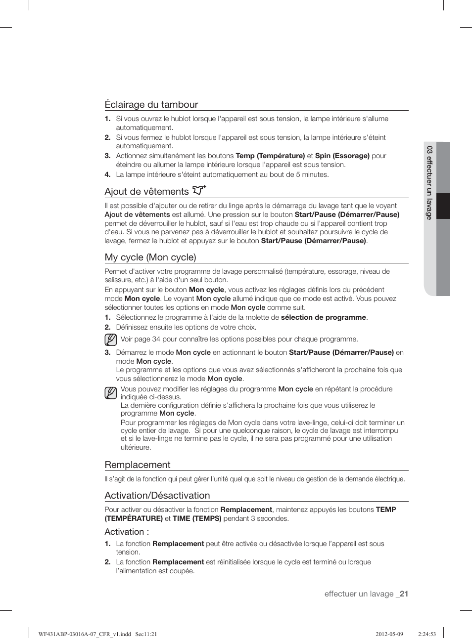 Éclairage du tambour, Ajout de vêtements, My cycle (mon cycle) | Remplacement, Activation/désactivation | Samsung WF431ABW-XAA User Manual | Page 101 / 120