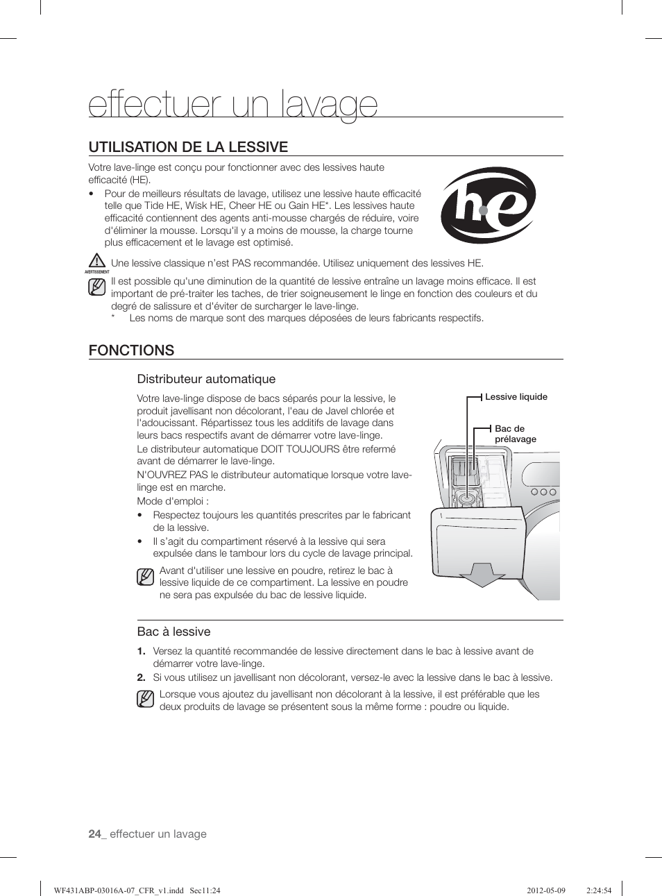 Effectuer un lavage, Utilisation de la lessive, Fonctions | Samsung WF431ABW-XAA User Manual | Page 104 / 120