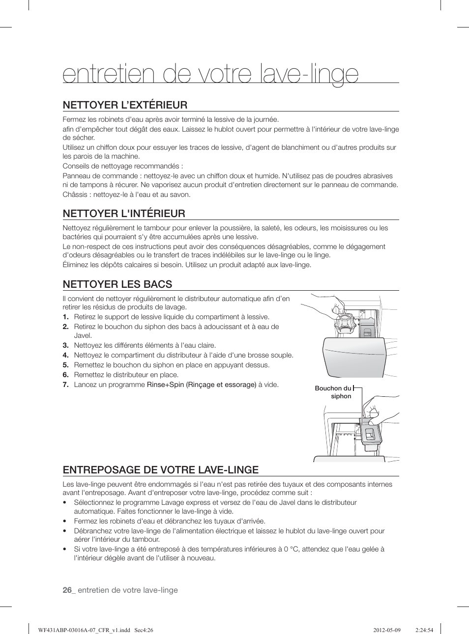 Entretien de votre lave-linge, Nettoyer l’extérieur, Nettoyer l'intérieur | Nettoyer les bacs, Entreposage de votre lave-linge | Samsung WF431ABW-XAA User Manual | Page 106 / 120
