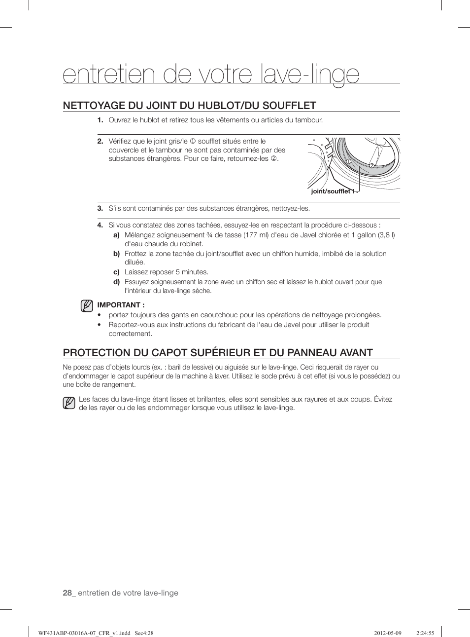 Entretien de votre lave-linge, Nettoyage du joint du hublot/du soufflet, Protection du capot supérieur et du panneau avant | Samsung WF431ABW-XAA User Manual | Page 108 / 120