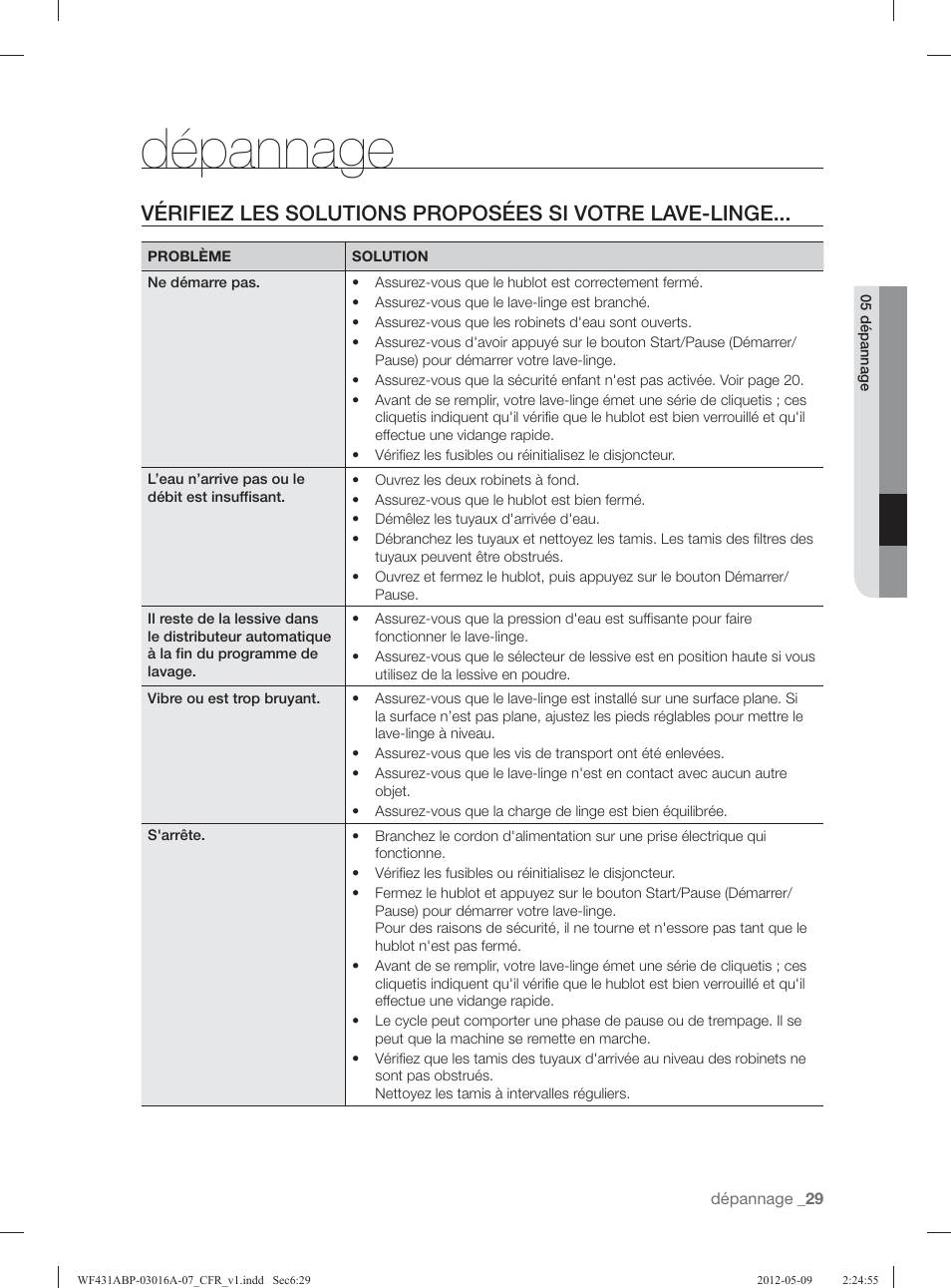 Dépannage | Samsung WF431ABW-XAA User Manual | Page 109 / 120