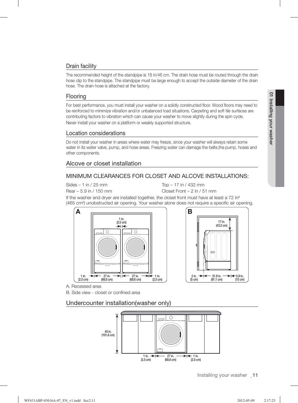 Drain facility, Flooring, Location considerations | Alcove or closet installation, Undercounter installation(washer only) | Samsung WF431ABW-XAA User Manual | Page 11 / 120