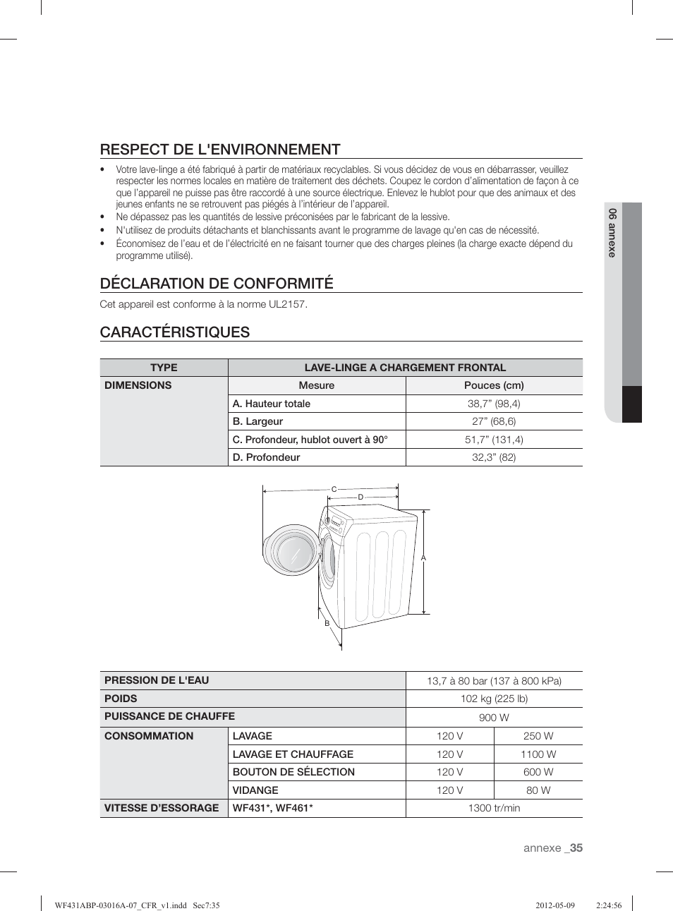 Respect de l'environnement, Déclaration de conformité, Caractéristiques | Samsung WF431ABW-XAA User Manual | Page 115 / 120