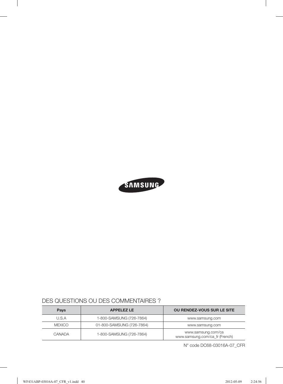 Des questions ou des commentaires | Samsung WF431ABW-XAA User Manual | Page 120 / 120