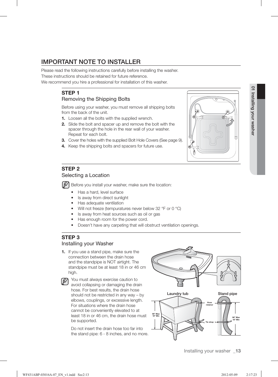 Step 1 removing the shipping bolts, Step 2 selecting a location, Step 3 installing your washer | Installing your washer | Samsung WF431ABW-XAA User Manual | Page 13 / 120