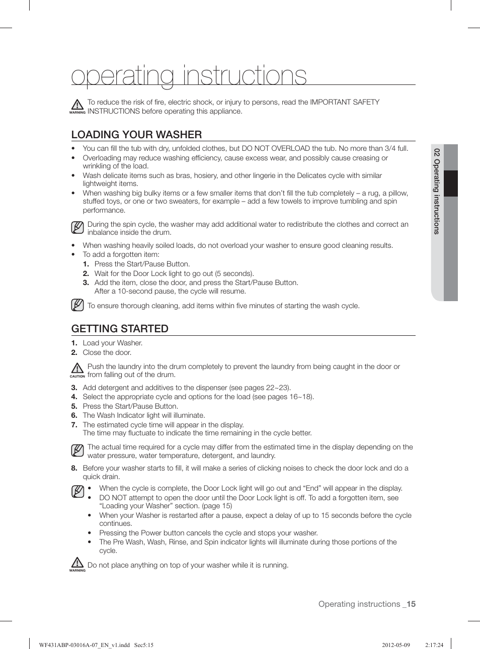 Operating instructions, Loading your washer, Getting started | Samsung WF431ABW-XAA User Manual | Page 15 / 120