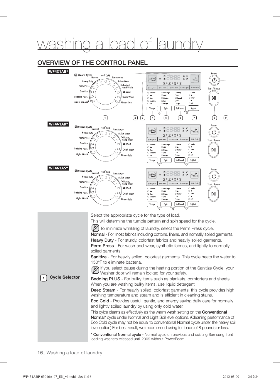 Washing a load of laundry, Overview of the control panel | Samsung WF431ABW-XAA User Manual | Page 16 / 120