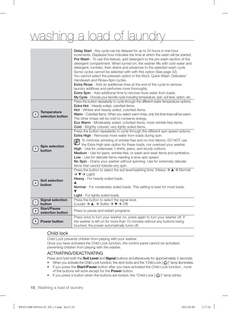 Washing a load of laundry, Child lock | Samsung WF431ABW-XAA User Manual | Page 18 / 120