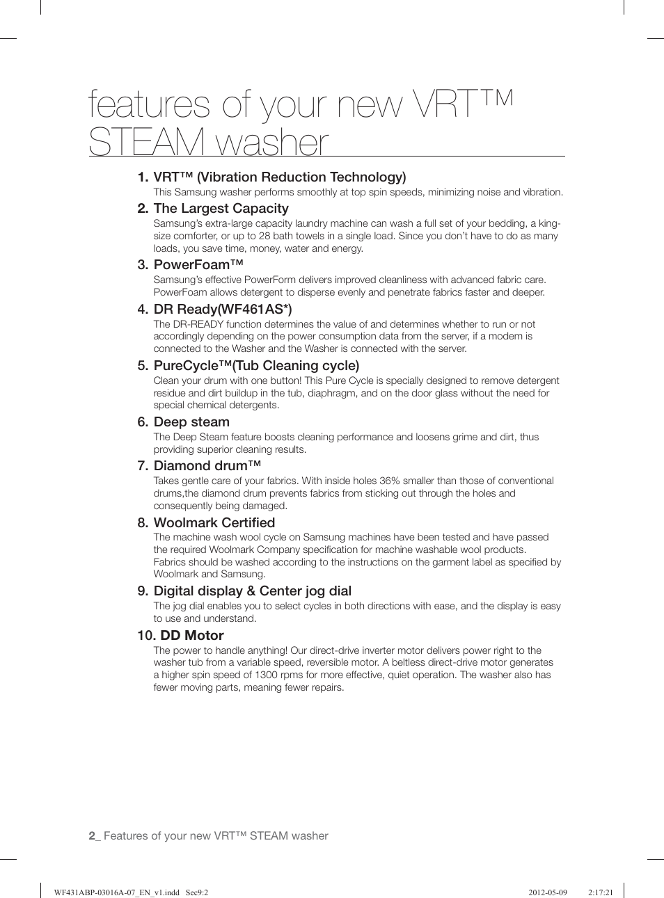 Features of your new vrt™ steam washer | Samsung WF431ABW-XAA User Manual | Page 2 / 120