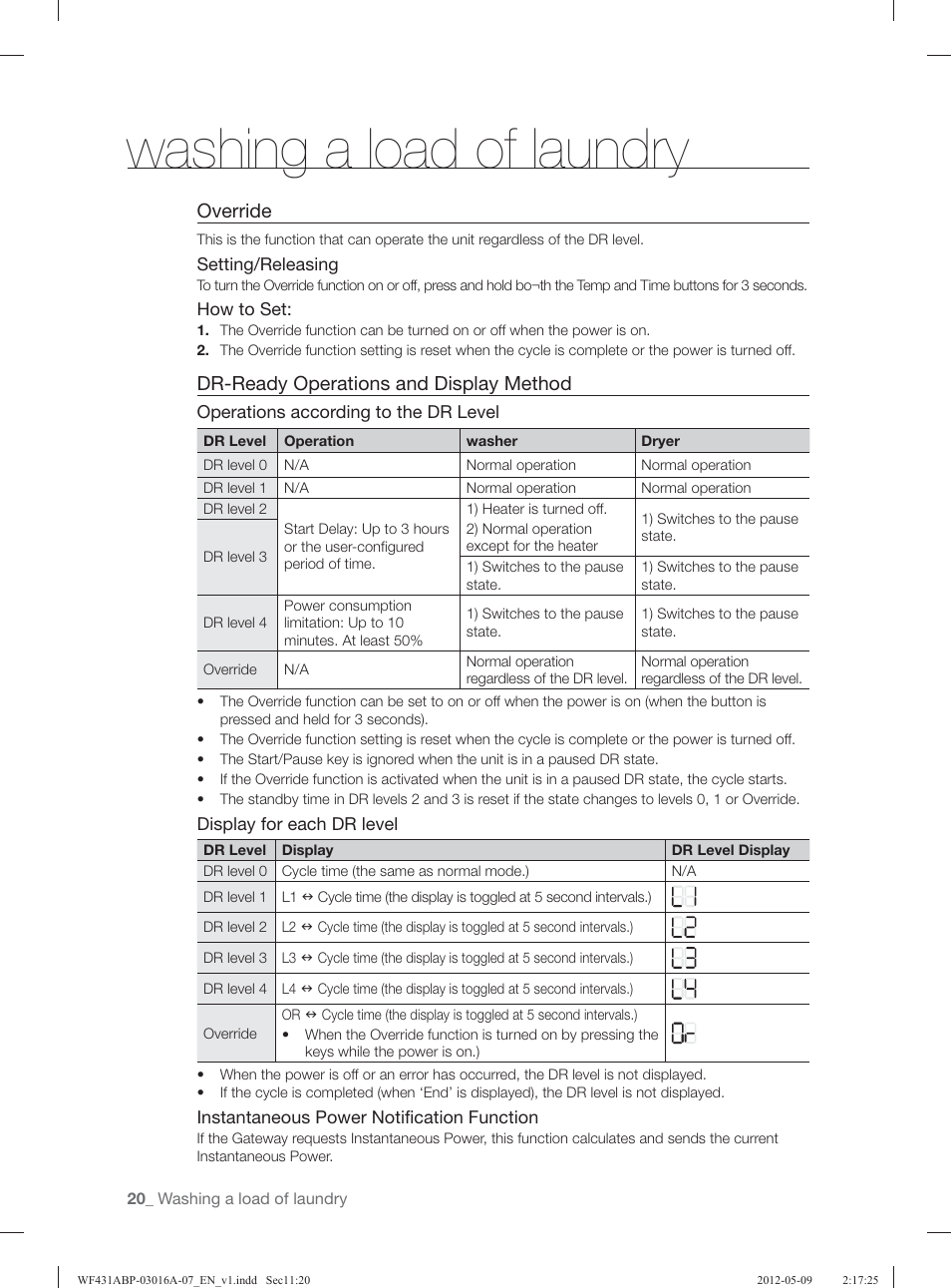 Washing a load of laundry, Override, Dr-ready operations and display method | Samsung WF431ABW-XAA User Manual | Page 20 / 120