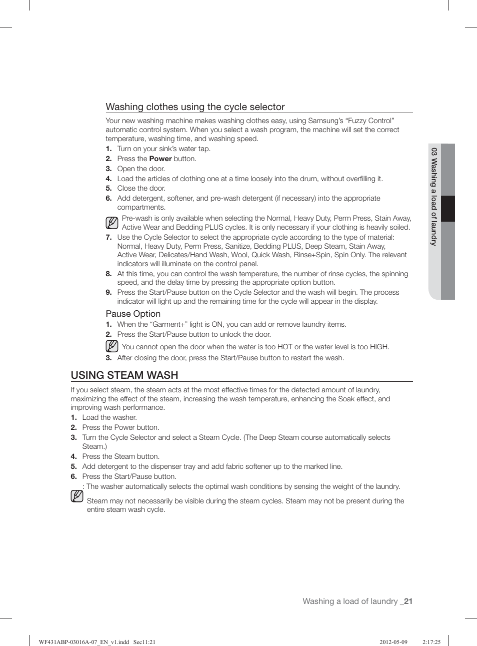 Using steam wash, Washing clothes using the cycle selector | Samsung WF431ABW-XAA User Manual | Page 21 / 120