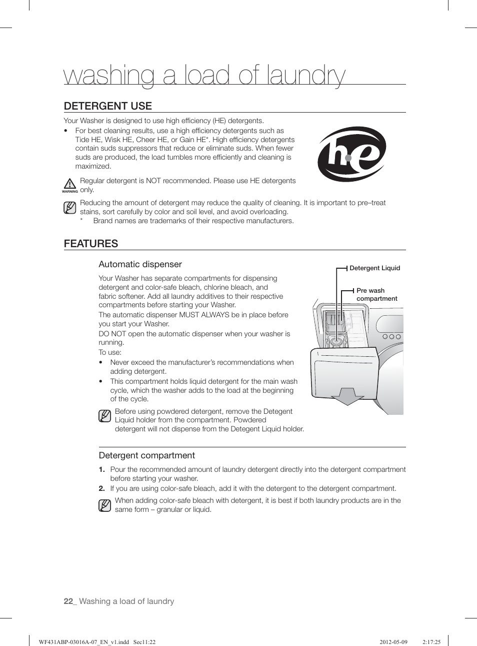 Washing a load of laundry, Detergent use, Features | Samsung WF431ABW-XAA User Manual | Page 22 / 120