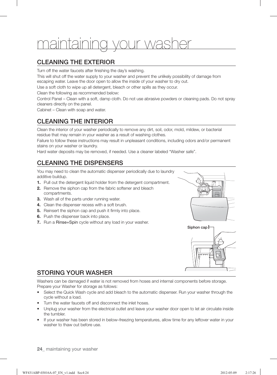 Maintaining your washer, Cleaning the exterior, Cleaning the interior | Cleaning the dispensers, Storing your washer | Samsung WF431ABW-XAA User Manual | Page 24 / 120