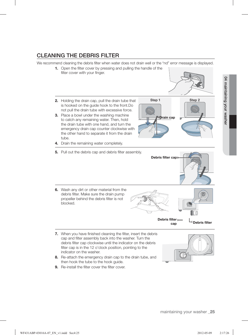 Cleaning the debris filter | Samsung WF431ABW-XAA User Manual | Page 25 / 120