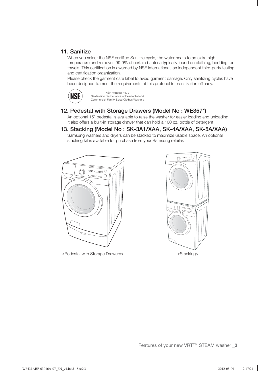 Sanitize, Pedestal with storage drawers (model no : we357*) | Samsung WF431ABW-XAA User Manual | Page 3 / 120