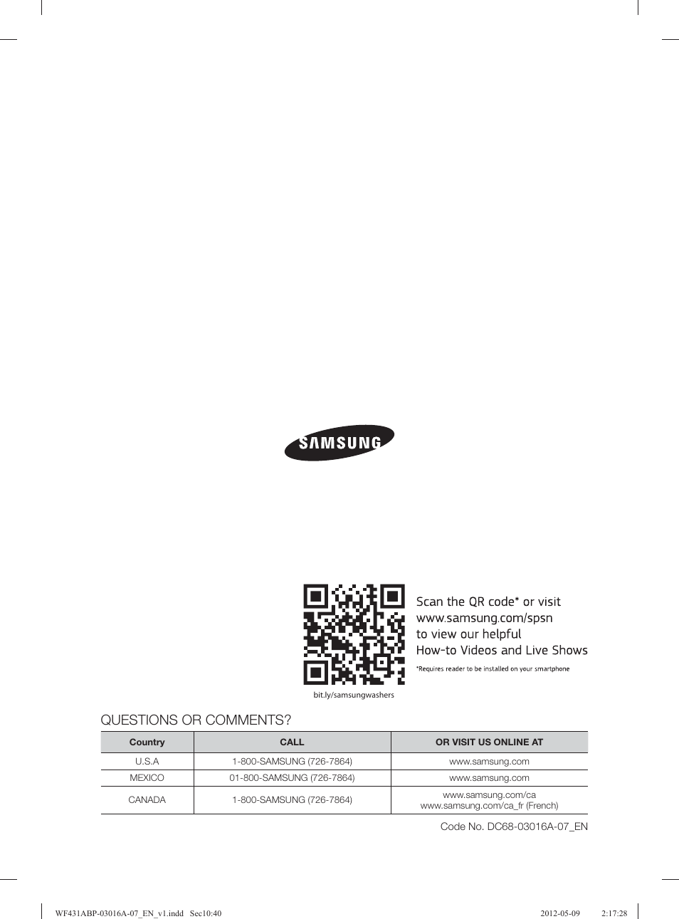 Questions or comments | Samsung WF431ABW-XAA User Manual | Page 40 / 120