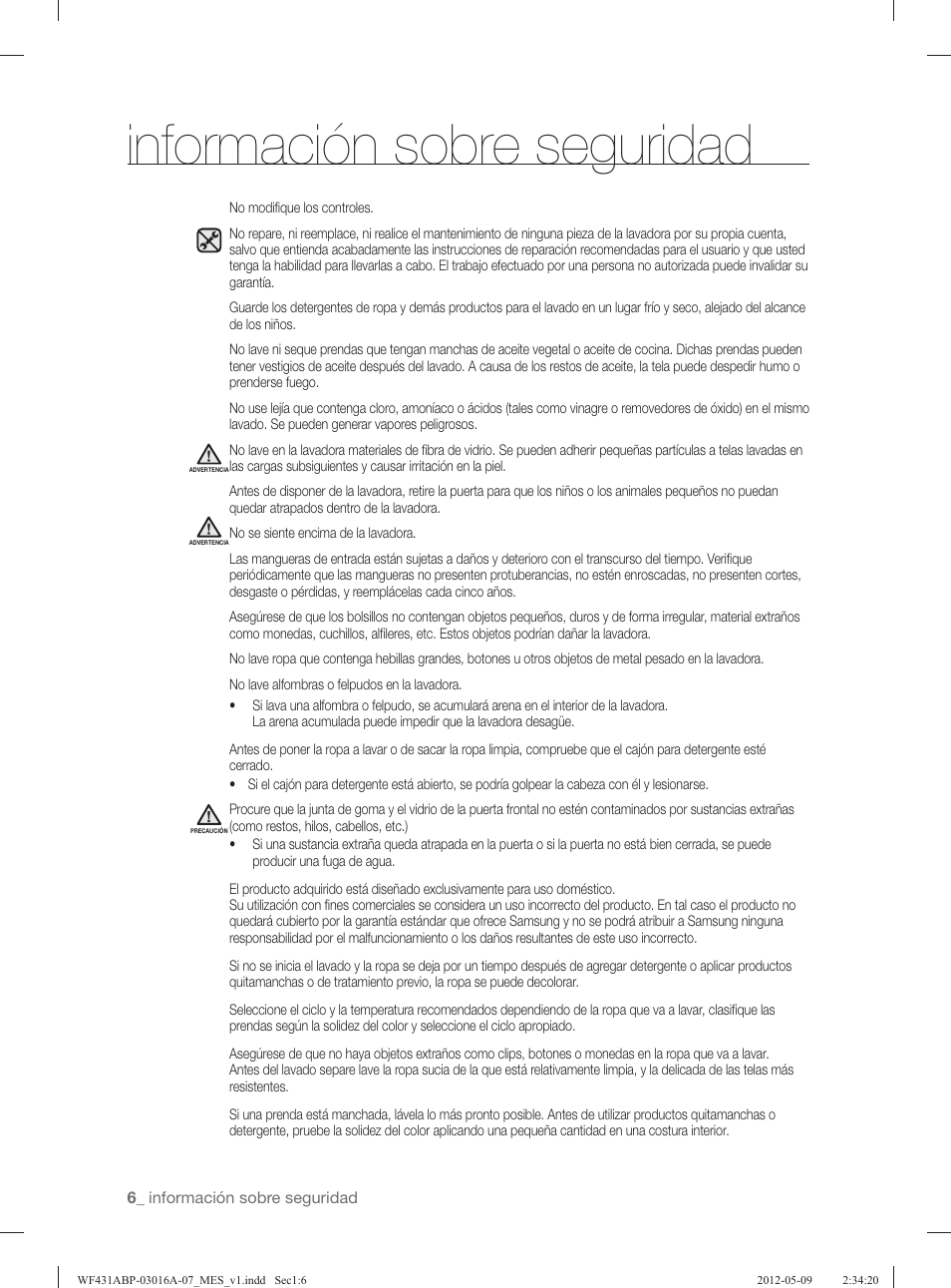 Información sobre seguridad | Samsung WF431ABW-XAA User Manual | Page 46 / 120