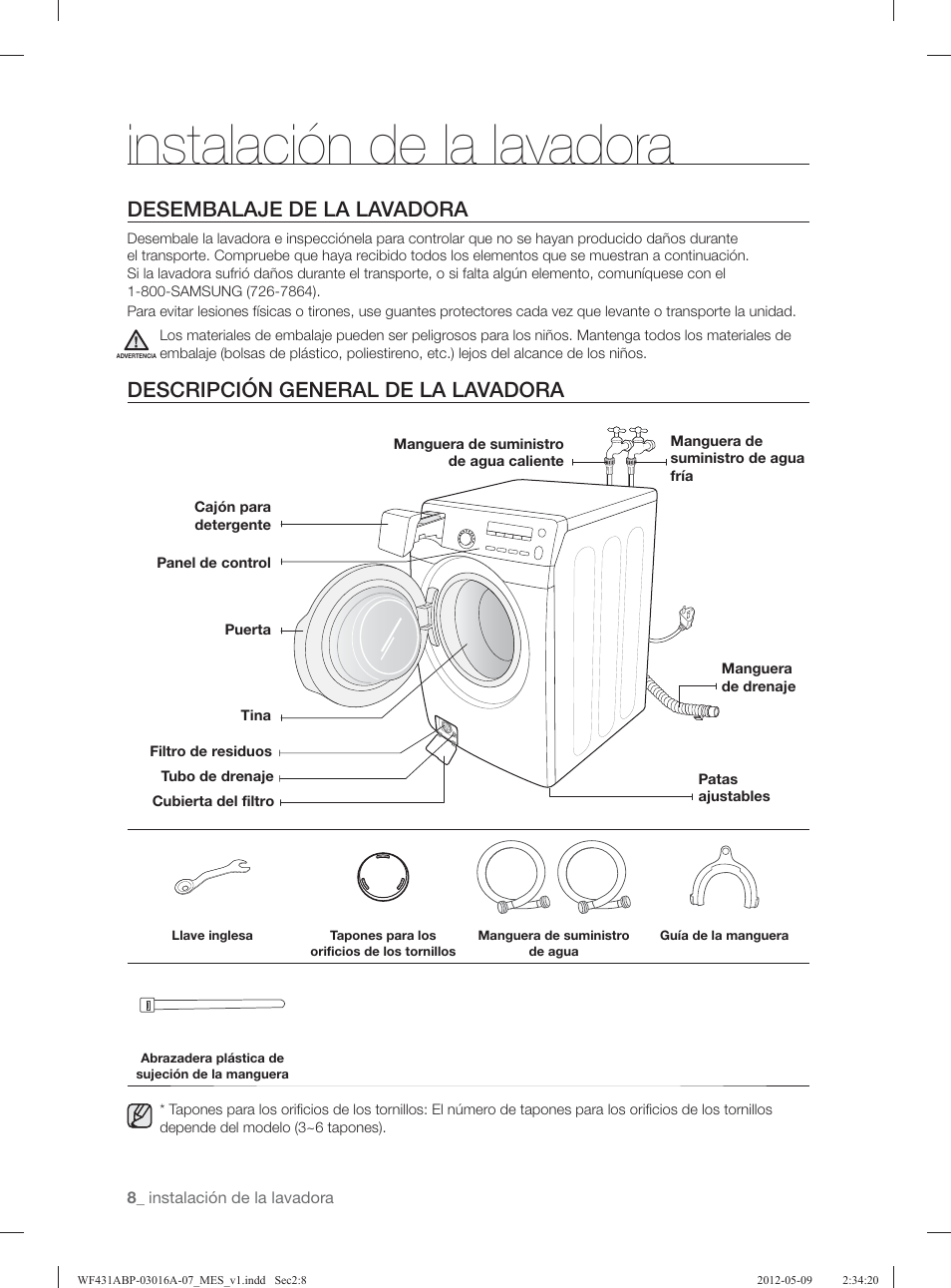 Instalación de la lavadora, Desembalaje de la lavadora, Descripción general de la lavadora | Samsung WF431ABW-XAA User Manual | Page 48 / 120