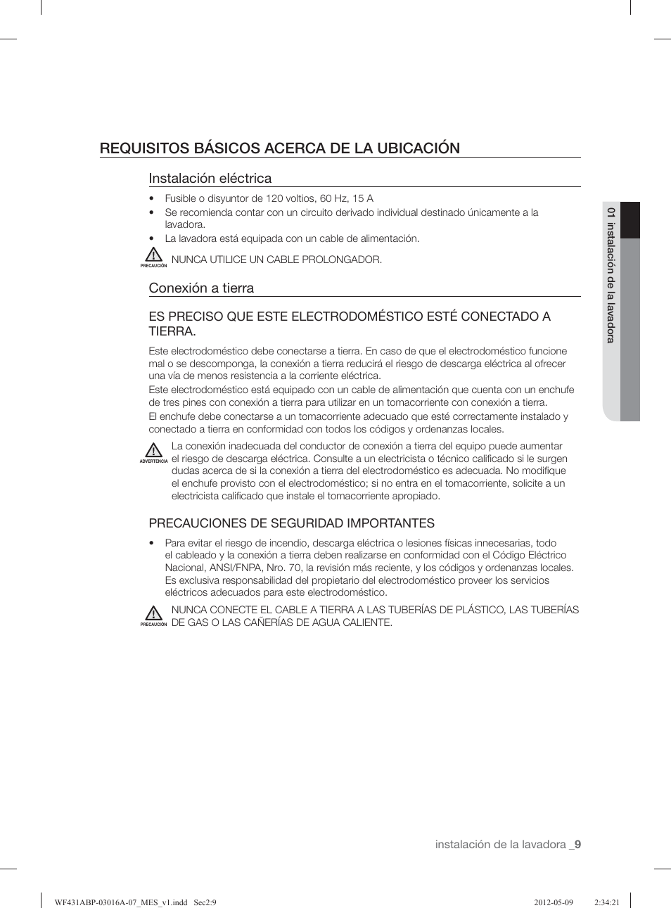 Requisitos básicos acerca de la ubicación, Instalación eléctrica, Conexión a tierra | Precauciones de seguridad importantes | Samsung WF431ABW-XAA User Manual | Page 49 / 120