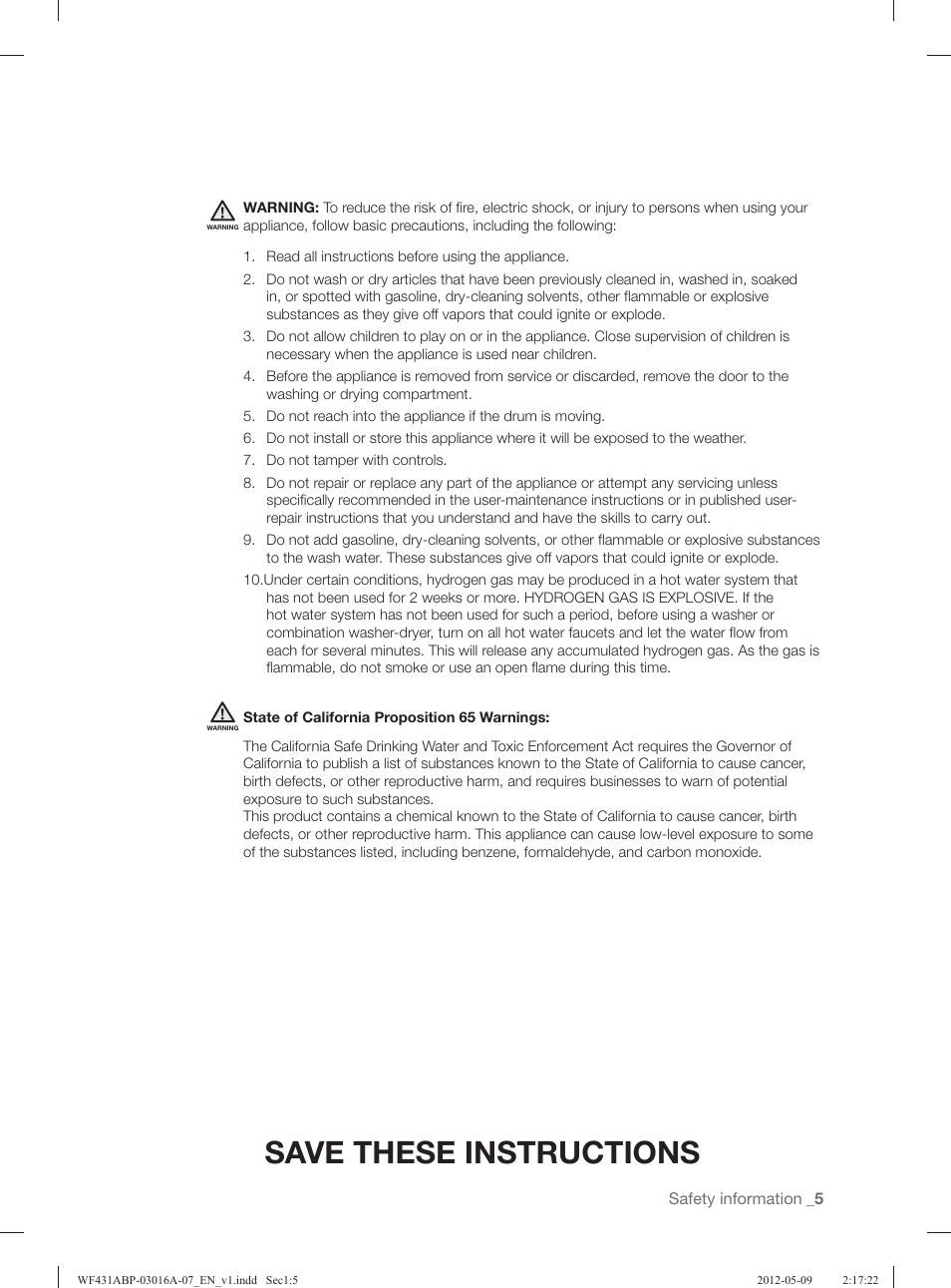 Save these instructions | Samsung WF431ABW-XAA User Manual | Page 5 / 120