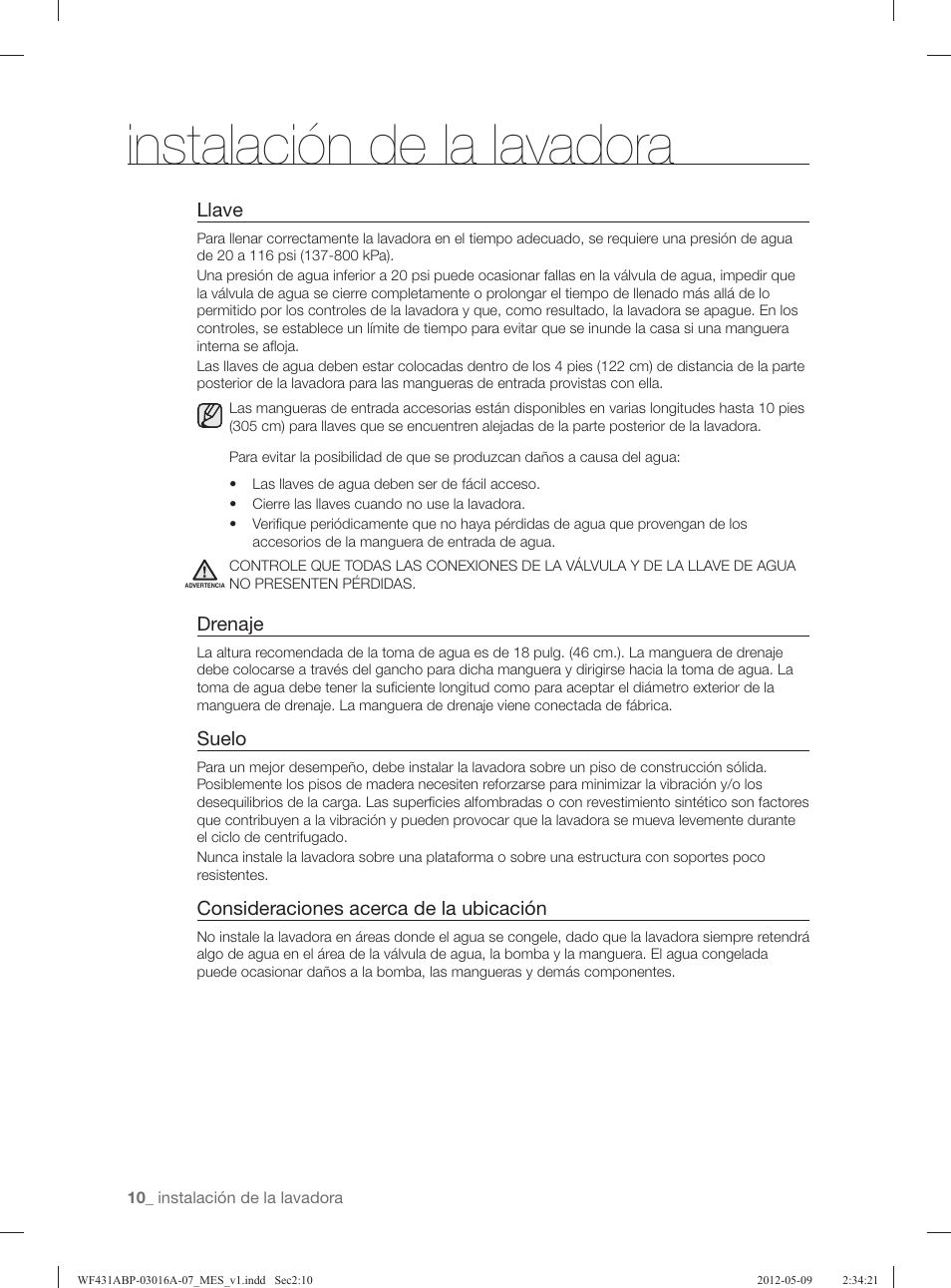 Instalación de la lavadora | Samsung WF431ABW-XAA User Manual | Page 50 / 120
