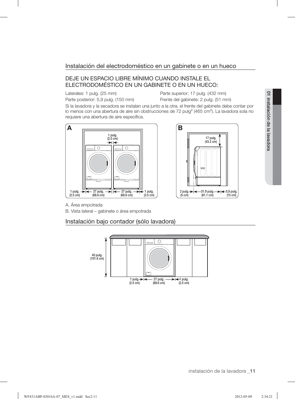 Instalación bajo contador (sólo lavadora) | Samsung WF431ABW-XAA User Manual | Page 51 / 120