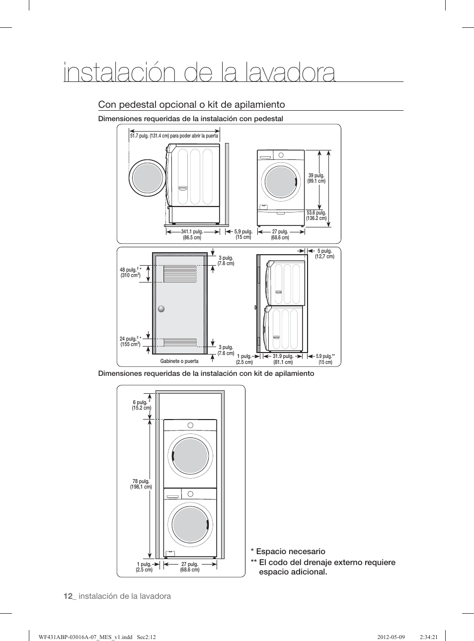 Instalación de la lavadora, Con pedestal opcional o kit de apilamiento | Samsung WF431ABW-XAA User Manual | Page 52 / 120