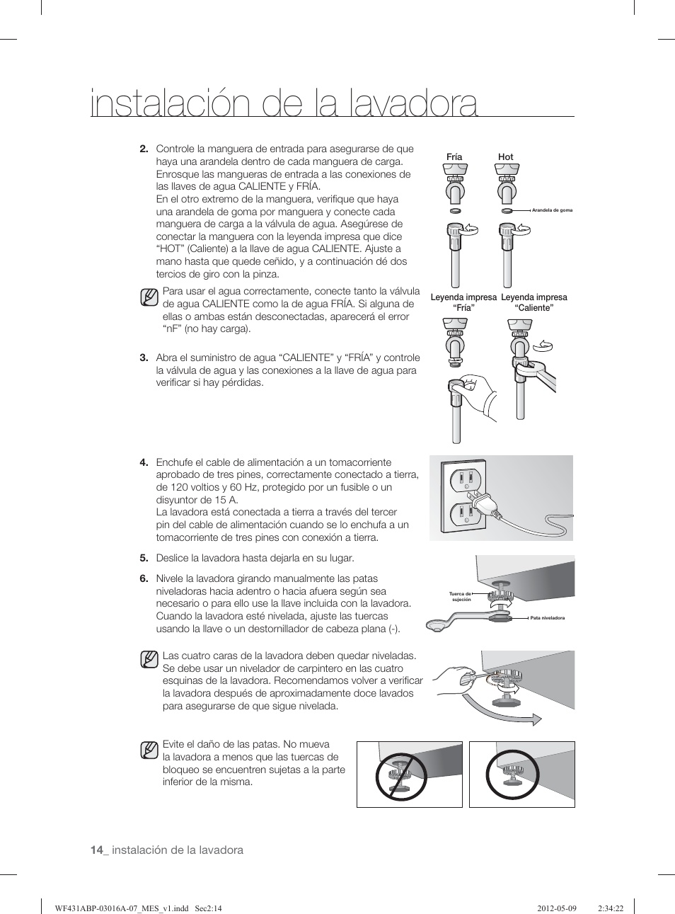 Instalación de la lavadora | Samsung WF431ABW-XAA User Manual | Page 54 / 120