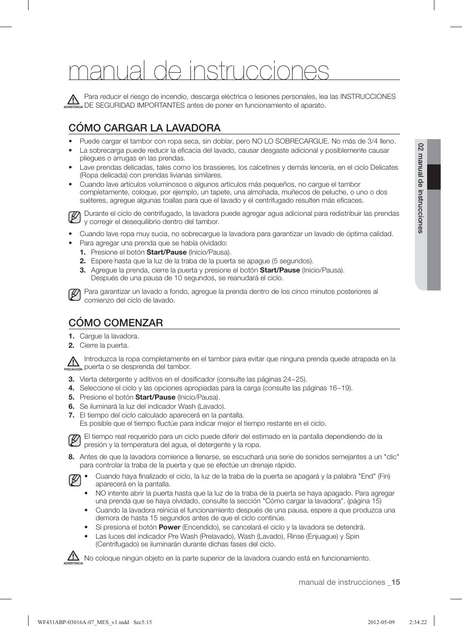 Manual de instrucciones, Cómo cargar la lavadora, Cómo comenzar | Samsung WF431ABW-XAA User Manual | Page 55 / 120