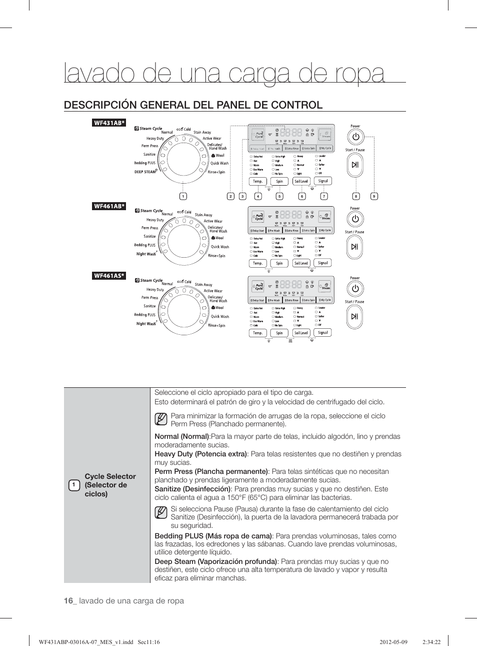 Lavado de una carga de ropa, Descripción general del panel de control | Samsung WF431ABW-XAA User Manual | Page 56 / 120