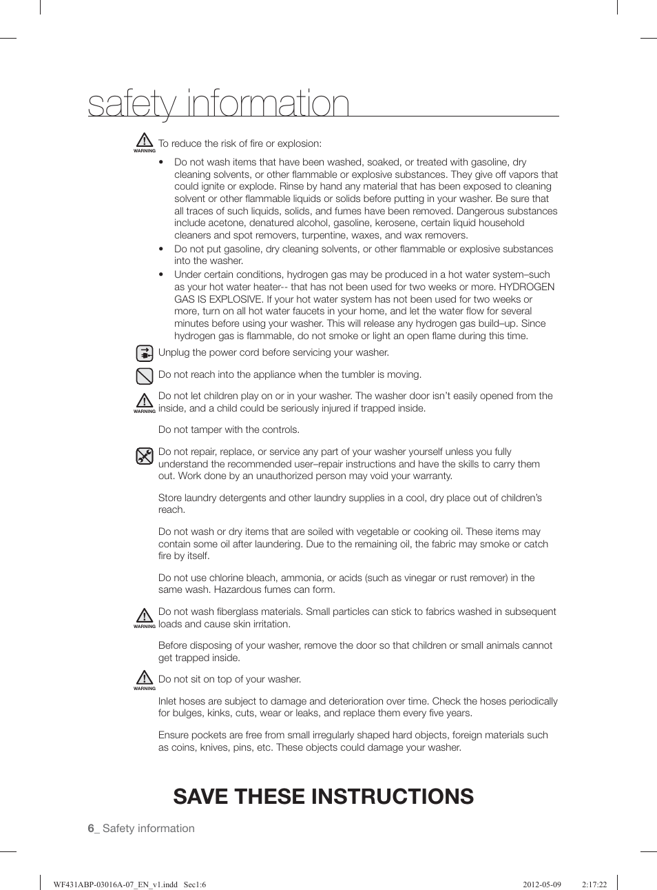 Safety information, Save these instructions | Samsung WF431ABW-XAA User Manual | Page 6 / 120