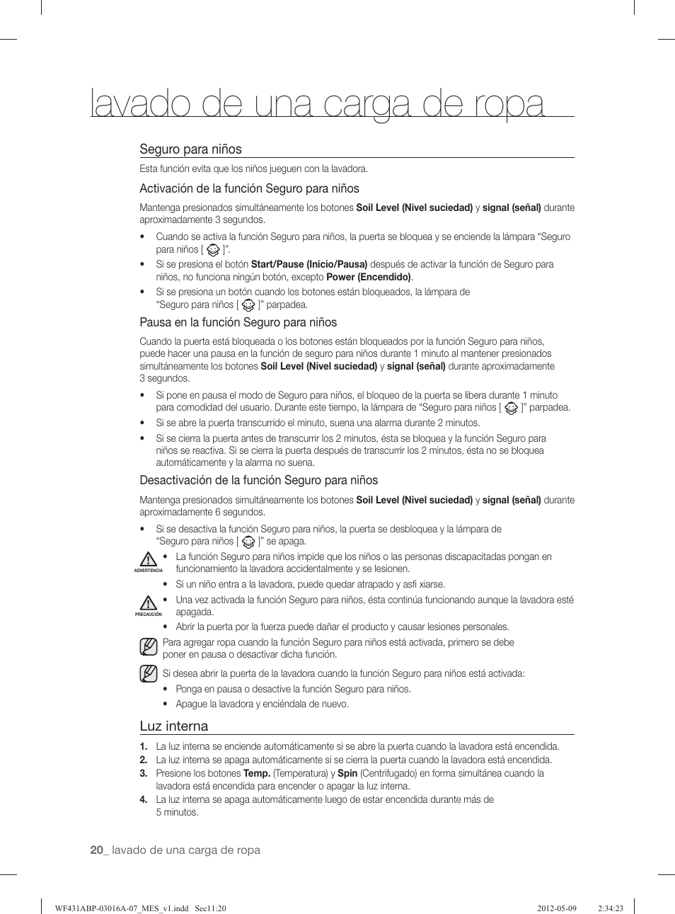 Lavado de una carga de ropa, Seguro para niños, Luz interna | Samsung WF431ABW-XAA User Manual | Page 60 / 120