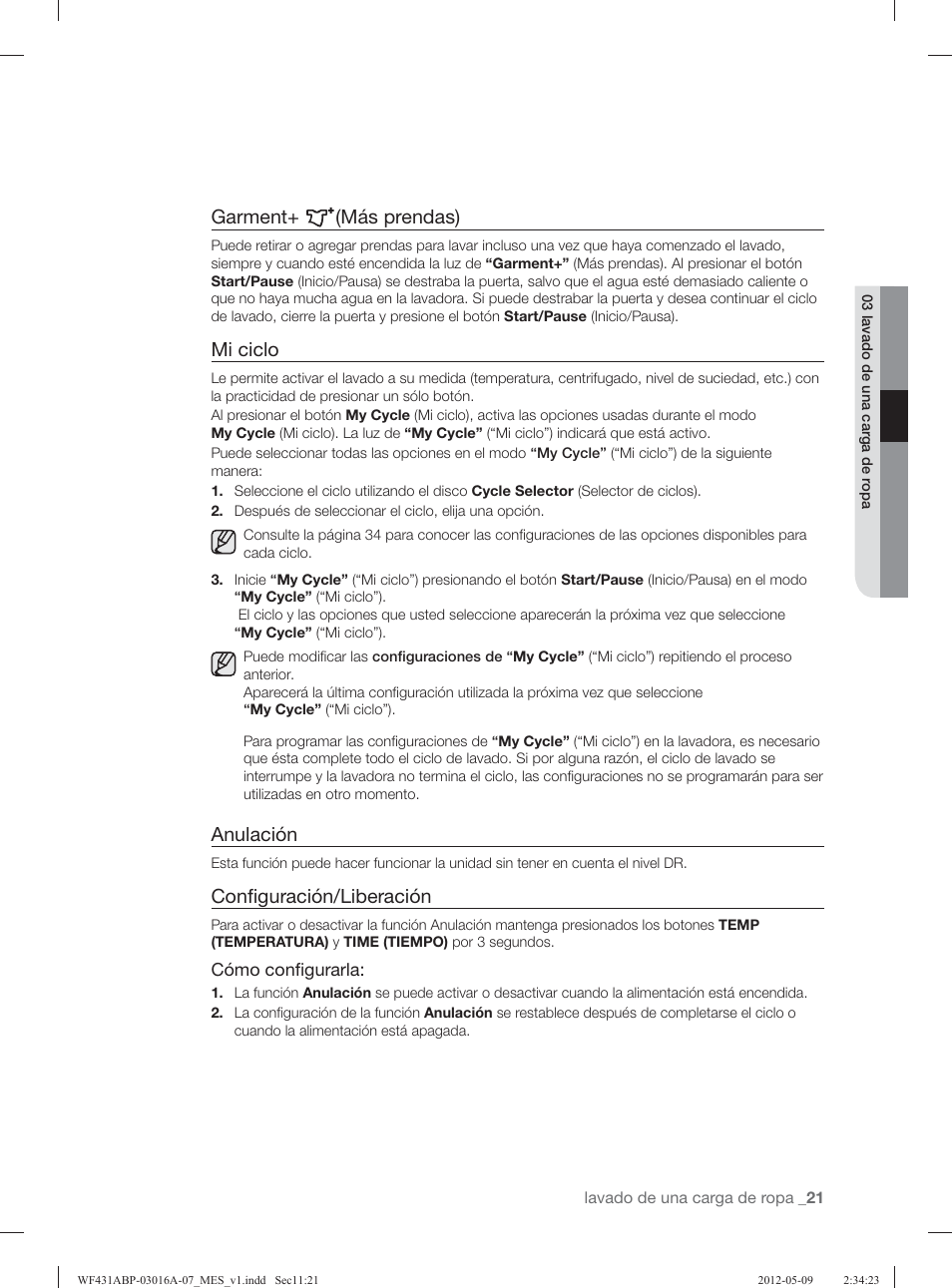 Garment+ (más prendas), Mi ciclo, Anulación | Conﬁ guración/liberación | Samsung WF431ABW-XAA User Manual | Page 61 / 120