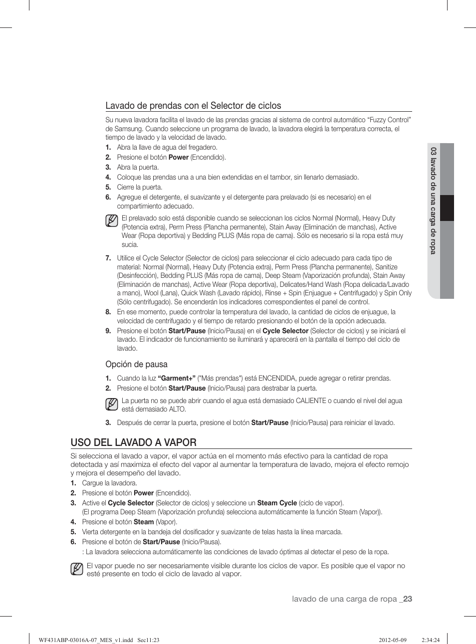 Uso del lavado a vapor, Lavado de prendas con el selector de ciclos | Samsung WF431ABW-XAA User Manual | Page 63 / 120