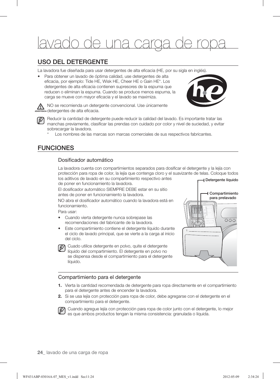 Lavado de una carga de ropa, Uso del detergente, Funciones | Samsung WF431ABW-XAA User Manual | Page 64 / 120