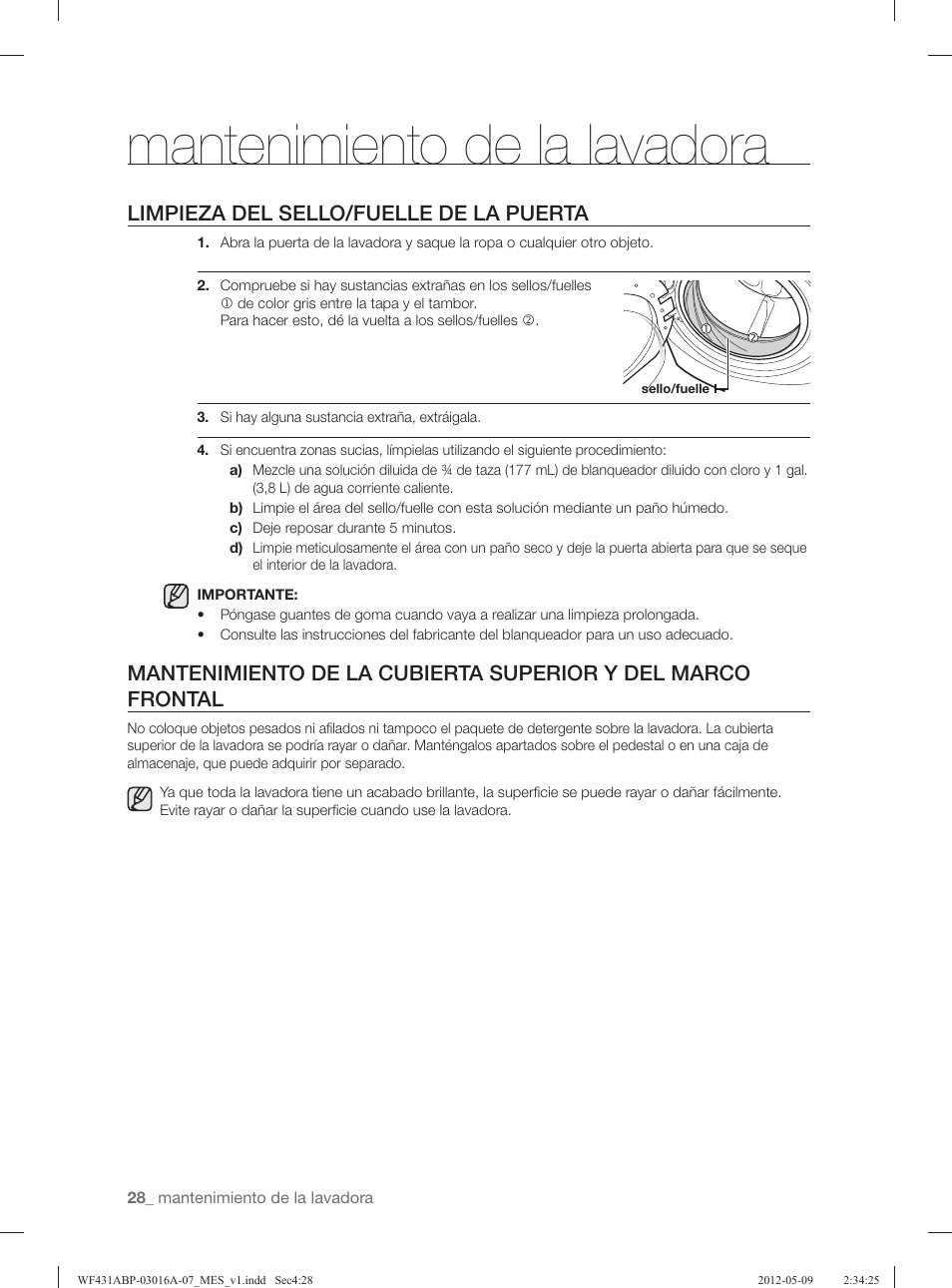 Mantenimiento de la lavadora, Limpieza del sello/fuelle de la puerta | Samsung WF431ABW-XAA User Manual | Page 68 / 120