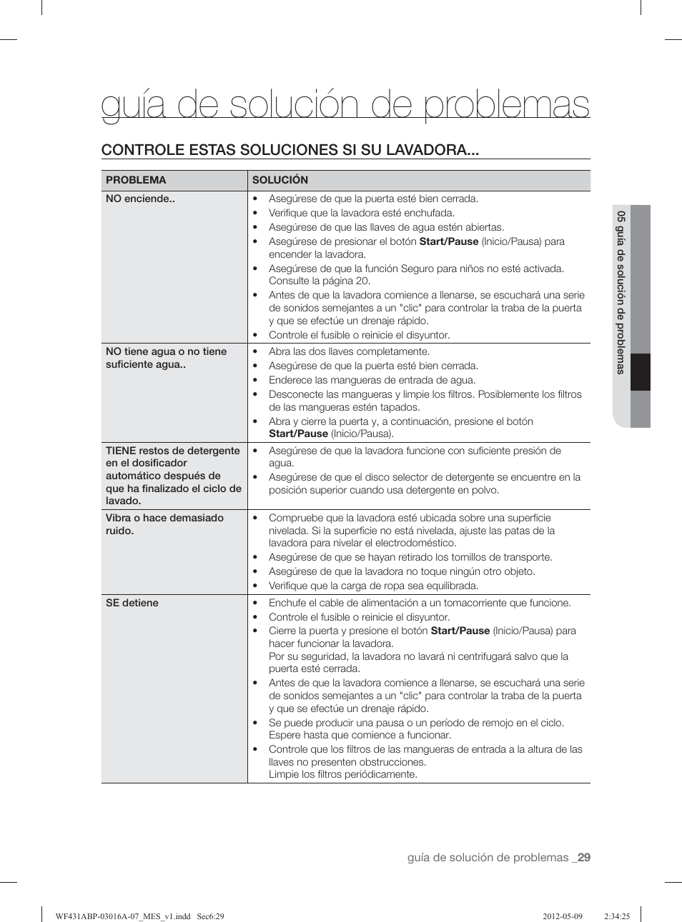 Guía de solución de problemas, Controle estas soluciones si su lavadora | Samsung WF431ABW-XAA User Manual | Page 69 / 120