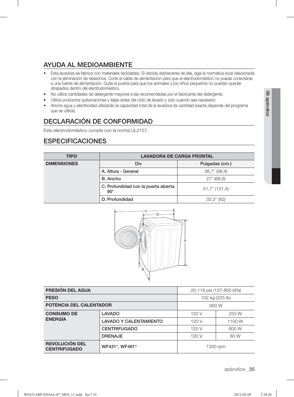 Ayuda al medioambiente, Declaración de conformidad, Especificaciones | Samsung WF431ABW-XAA User Manual | Page 75 / 120