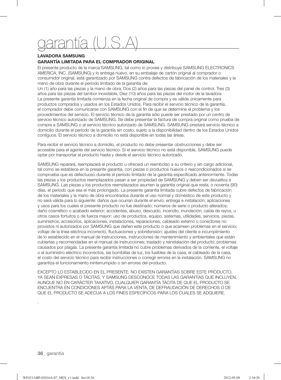 Garantía (u.s.a) | Samsung WF431ABW-XAA User Manual | Page 76 / 120